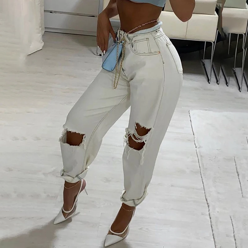 

2021 Autumn Women Sexy Solid White Ripped Cutout High Waist Pocket Design Jeans Denim Pants Long Trousers Casual Daily Wear New
