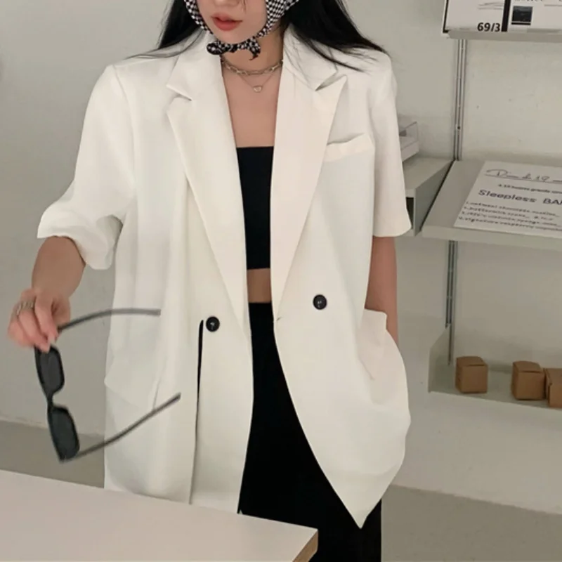 

Casual Loose Short Sleeve Coat Women Loose Turn Down Collar Solid Color Split Hem Korean Style Blazer Femenino Summer Cardigans