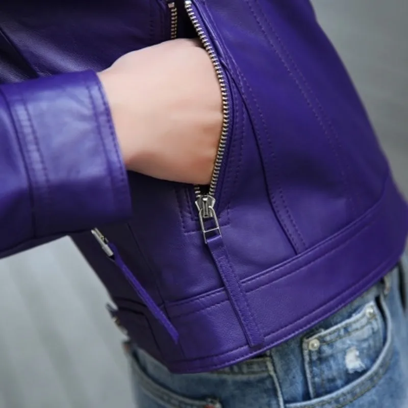 

New Purple Women Genuine Motorcycle Jackets Fashion Zipper High Street Real Sheep Leather Jacket Coats Ladies Clothes