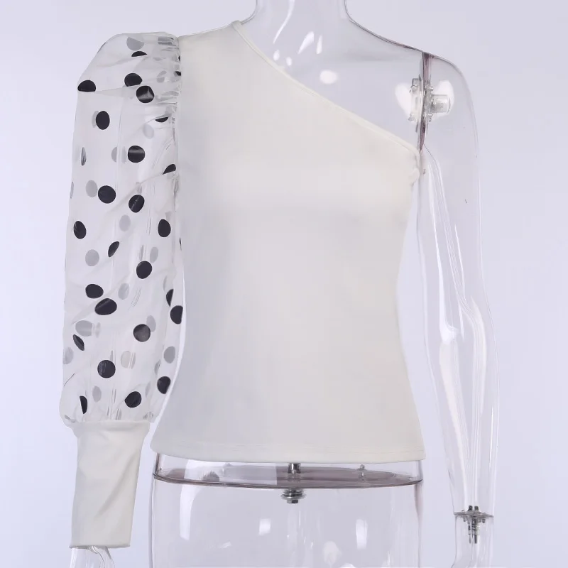 

Office 2019 Puff Sleeve Patchwork Dot Print Women Blouse Elegant Sexy One-Sleeve Skew Neck Off Shoulder Slim Fashion Spring New