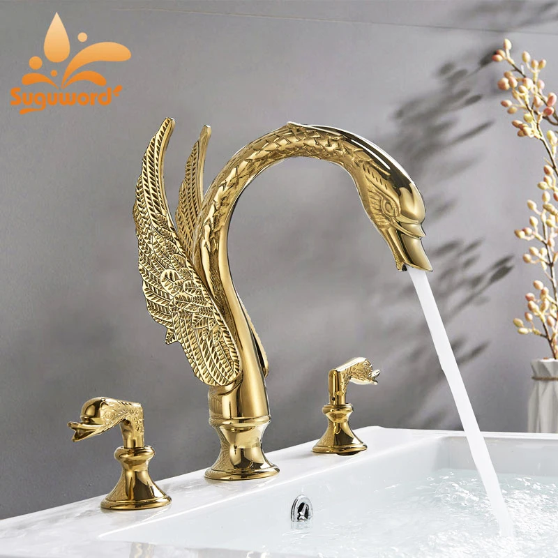 Золотистый смеситель для ванной комнаты Suguword роскошный кран раковины с двумя