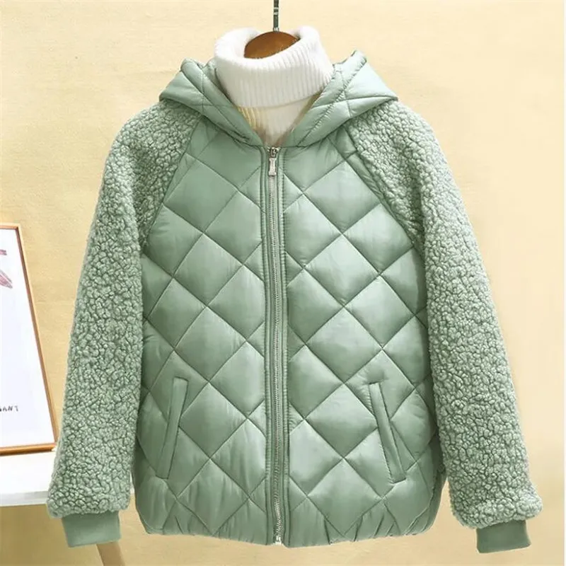 

lambswool women's coat short jacket hood loose lamb-like wool female cotton coat small winter outwear Lightweight cotton-padded