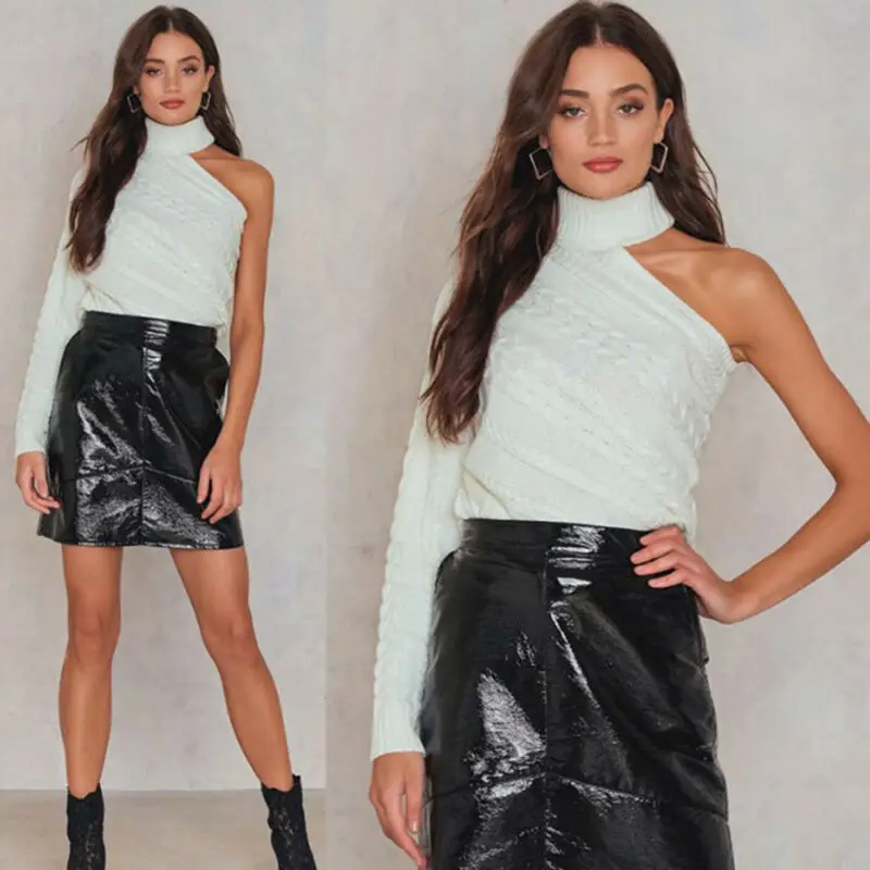 

Sexy Women Winter Long Sleeve Knitted One Shoulder Sweater Solid Turtleneck Tops Knitted Pullover Sweater Knitwear Jumpers