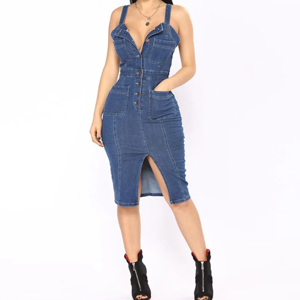 

Suspender Denim Dress Womens Sleeveless Buttons Jean Dresses Blue Casual Spaghetti Strap Bodycon Pencil Short Dress Vestidos