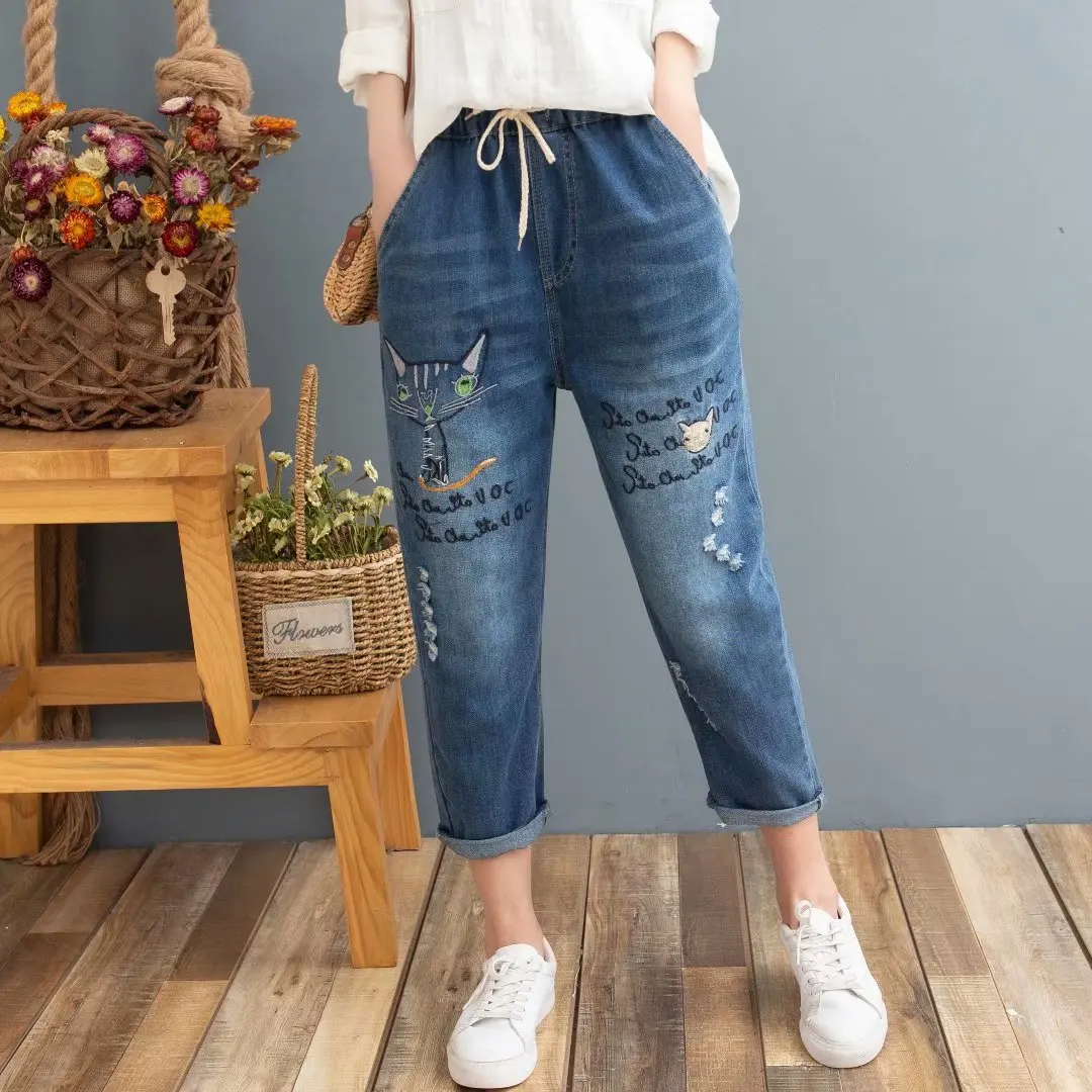 Новинка лета 2020 женские джинсовые брюки с вышитыми цветами свободный