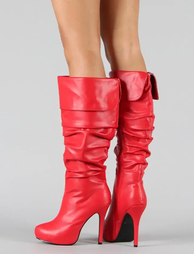 Женские Плиссированные высокие сапоги до колена на шпильке однотонные красные