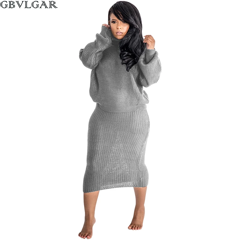 

Autumn Winter Women Knitting Ribbed Two Piece Sets Fashion Warm High Necked Long Sleeve Sweater Tops and Bodycon Mid Calf Skirt