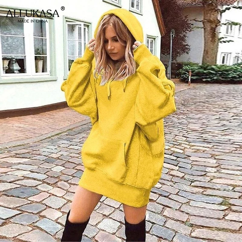 

Winter sweatshirt oversize ladies hoodie fall 2021 Harajuku loose long casual solid color warm pullover sportswear women 5XL