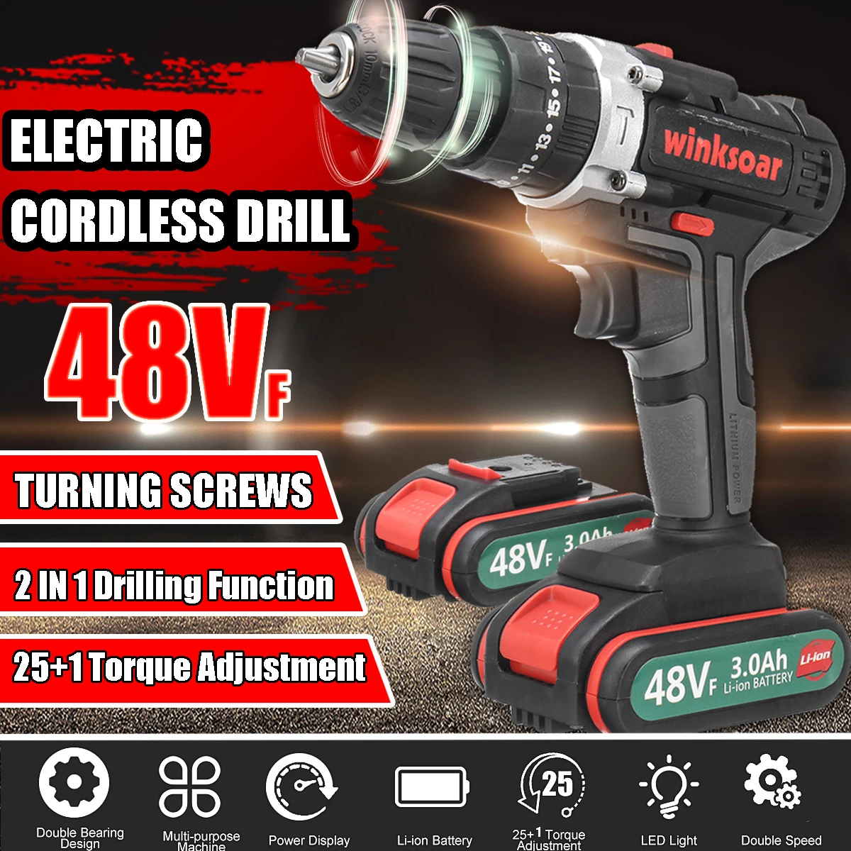 48VF двухскоростная аккумуляторная электрическая отвертка дрель 25+ 1 крутящий момент литий-ионная аккумуляторная батарея дрель мощность инструмент