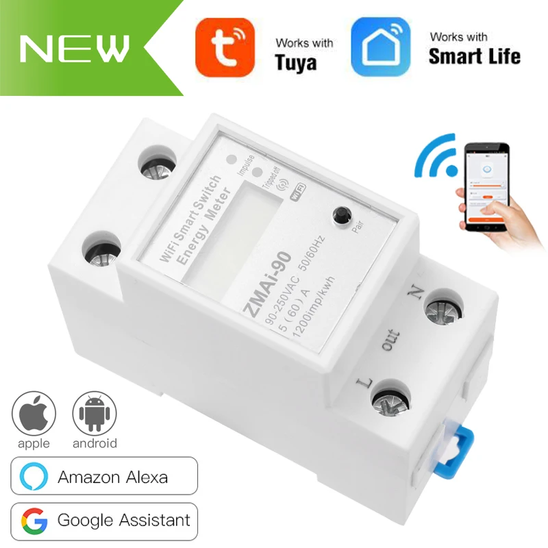 

Tuya Single Phase 65A Din Rail WIFI Smart Energy Meter Timer Power Consumption Monitor KWh Meter Wattmeter 110V 220V 50/60Hz