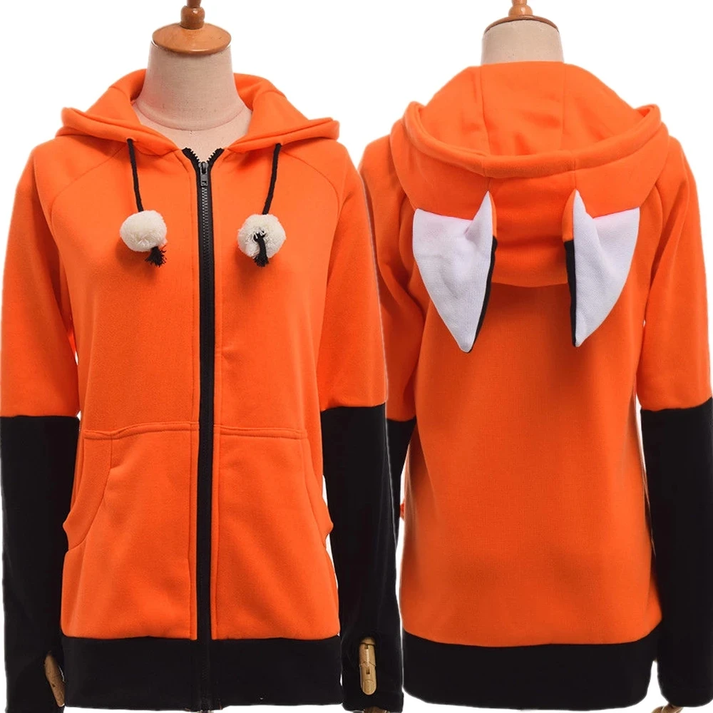 Animal Fox Ears Cosplay Costume Hooded Jacket Warm Orange Sweatshirt Cosplay Unisex Hoodie