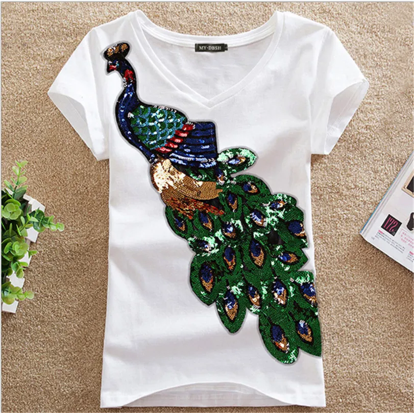 Новинка модная женская элегантная футболка с круглым вырезом и павлином