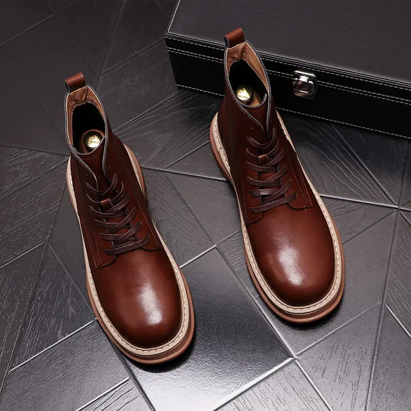 

ERRFC Fashion Forward Mens Brown Ankle Boots Round Toe Platform Motorcycle Shoes Black Work Safety Leisure Zapatos Size 38-43