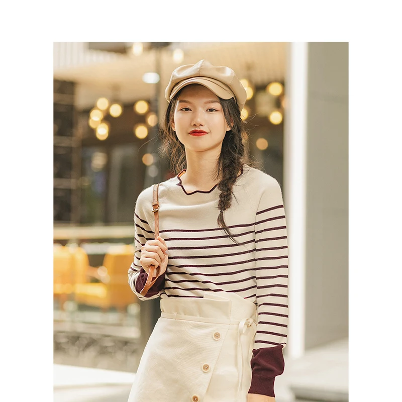 INMAN Spring Autumn Lace O-neck Minimalism All Matched Slim Literary Striped Women Pullover | Женская одежда