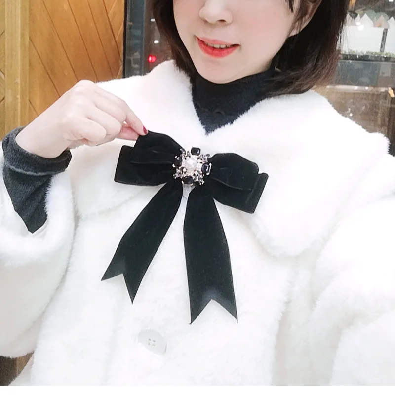 Ретро черная бархатная брошь в форме банта Корейская Хрустальная рубашка с