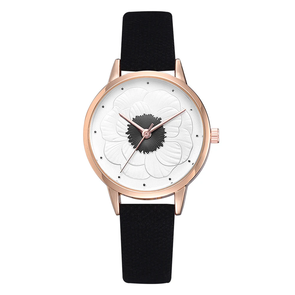 

Women Faux Leather Strap Floral Pattern Round Dial Analog Quartz Wrist Watch Ladies Dress Watches Gift Luxury
