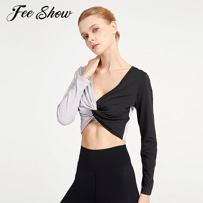 

Reversible Yoga Shirts Gym Workout Sport Tops Women Sportswear Deep V Neck Long Sleeves Twisted Design Active Running Sports Top