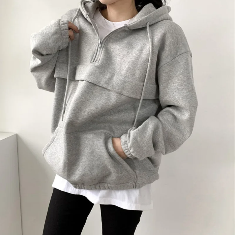 

Толстовка Женская в Корейском стиле Харадзюку, повседневный флисовый пуловер с длинным рукавом и карманами, уличная одежда, осень-зима