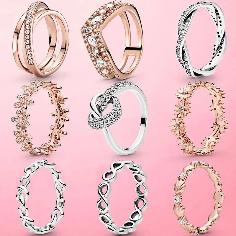 

New Original 925 Sterling Silver & Rose Gold Color Daisy Flower Ring 2021 women DIY fine Jewelry Valentine's Day Gifts Hot Sale