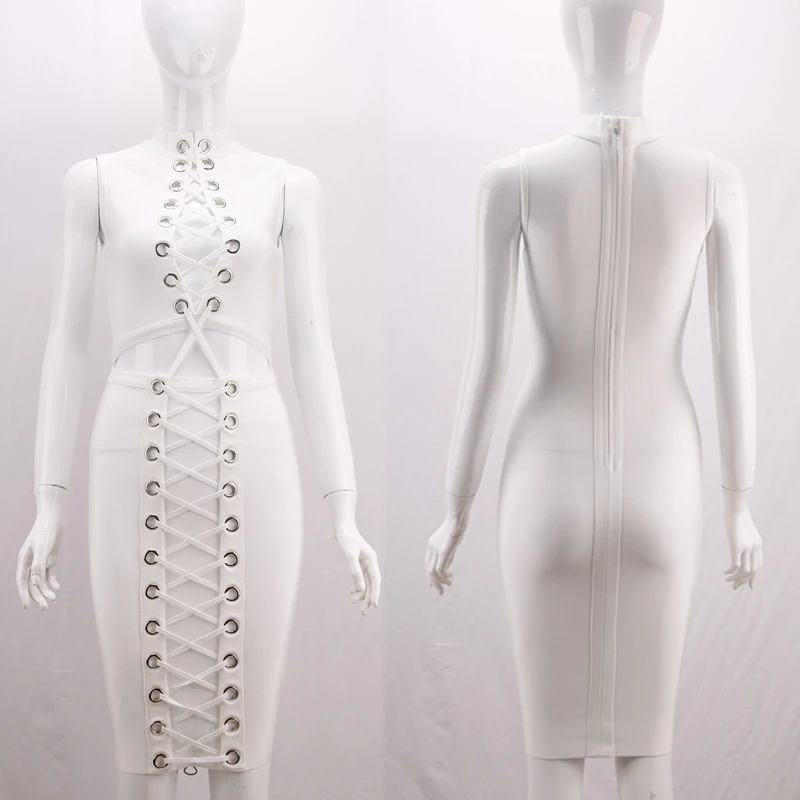 2019 Fashion White Hollow Out bandage Dress Lace Up Bodycon Sleeveless Sexy Women Metal Elegant Solid Celebrity Vestidos Dresses | Женские