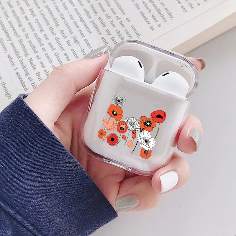 

red poppy Earphone Case For Apple AirPods 1 2 Soft TPU Transparent Cover For Airpods Accessories