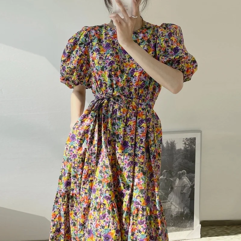 

Длинное Хлопковое платье с цветочным принтом, с пышными рукавами, на шнуровке, Z875