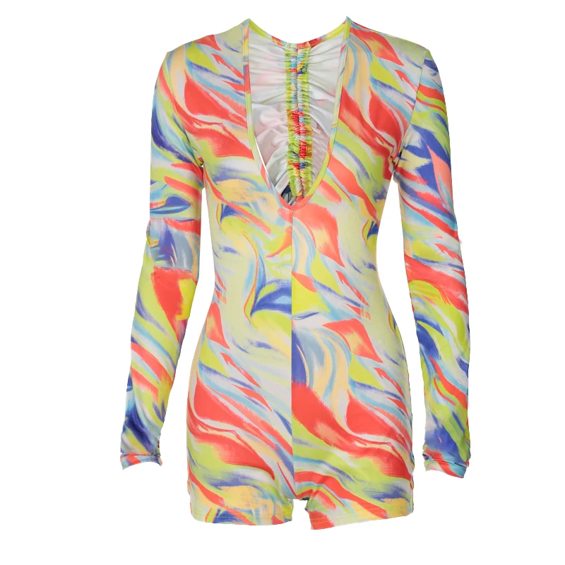 

2021 Women Sexy Close-fitting Backless Overalls, Variegated Color Long Sleeve Deep V-neck Playsuit, S/ M/ L