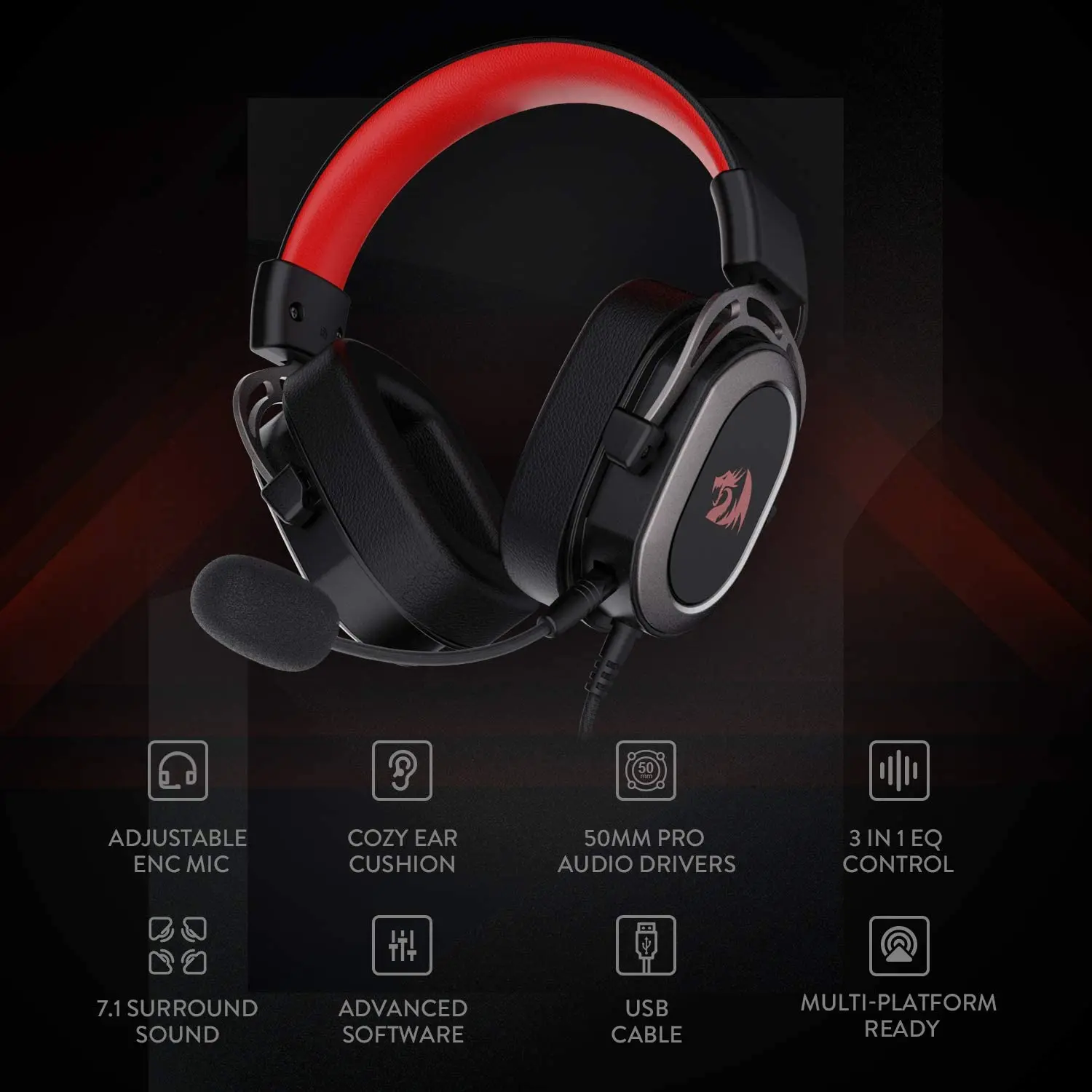 Проводная игровая гарнитура Redragon H710 Helios USB 7 1 объемный звук память поролоновые