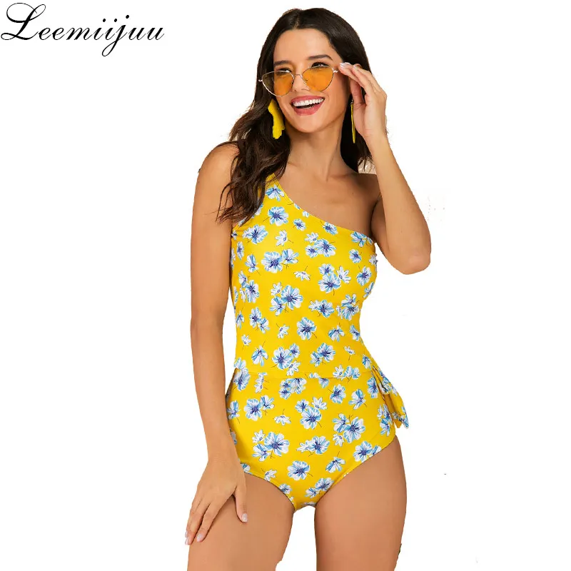 

LEEMIIJUU NEW Sexy Two Piece Swimsuit Women Swimwear Push Up Monokini Print One shoulder Bathing Suit Bodysuit Beach Wear Female