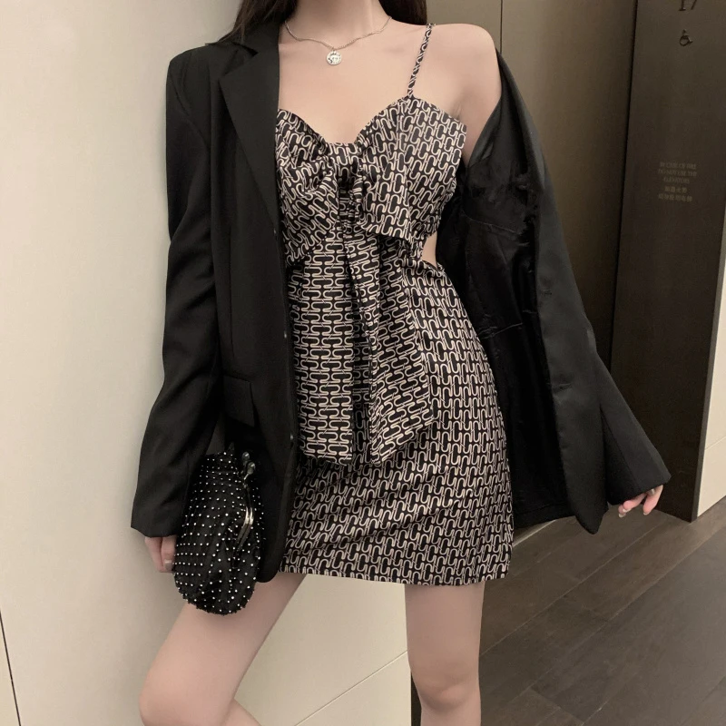 

Women Sets Blazer Sleeveless Mini Dress For Evening Party Club Black Sheath Fashion Sexy Female Korean Style Chic Bodycon Suits