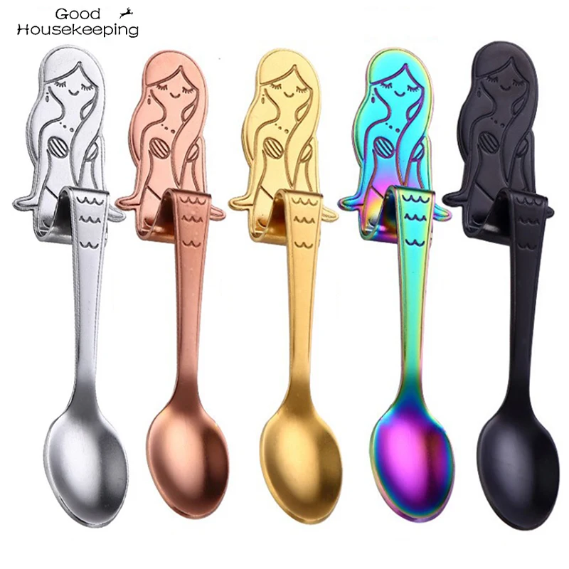

304 Stainless Steel Mermaid Coffee Spoon Curved 5 Color Mirror Plating Multicolored Teaspoon Condiment Spoon Kitchen Tableware