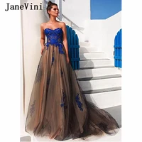 janevini fashion arabic long prom dresses a line strapless lace applique sleeveless tulle sweep train vestido de noiva plus size