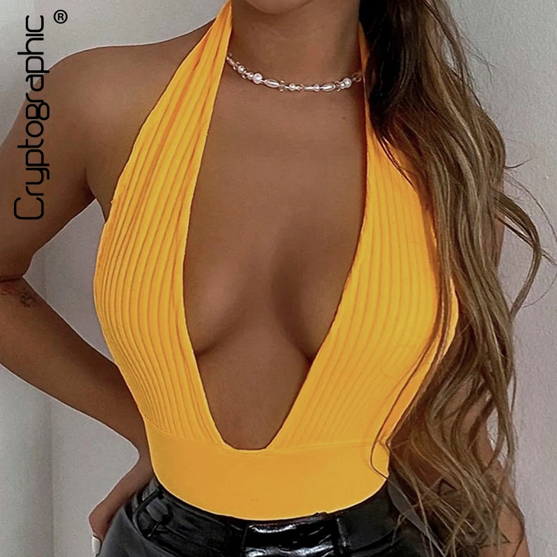 

2021 Summer Sexy Solid Color Woven Halter V-neck Catsuit Women's Sleeveless Top Slim High Waist Halter Catsuit Club Party