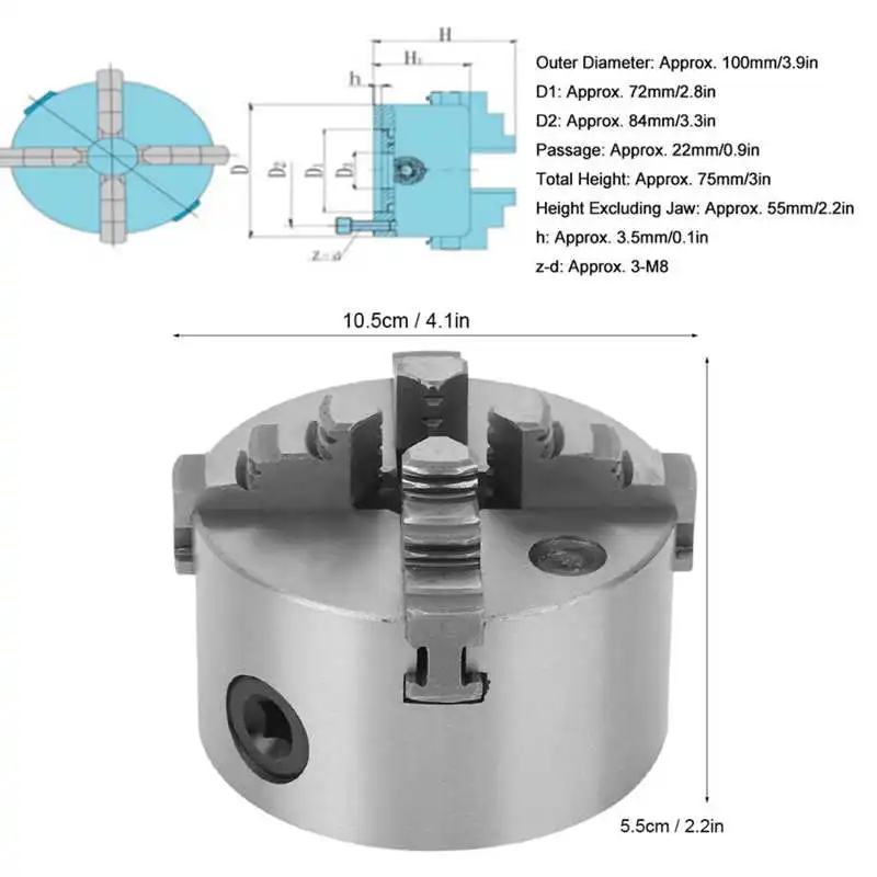 

Lathe Chuck 4-Jaw Chuck Self-Centering 100mm/3.9in Clamping Range High Accuracy for Lathes Machine
