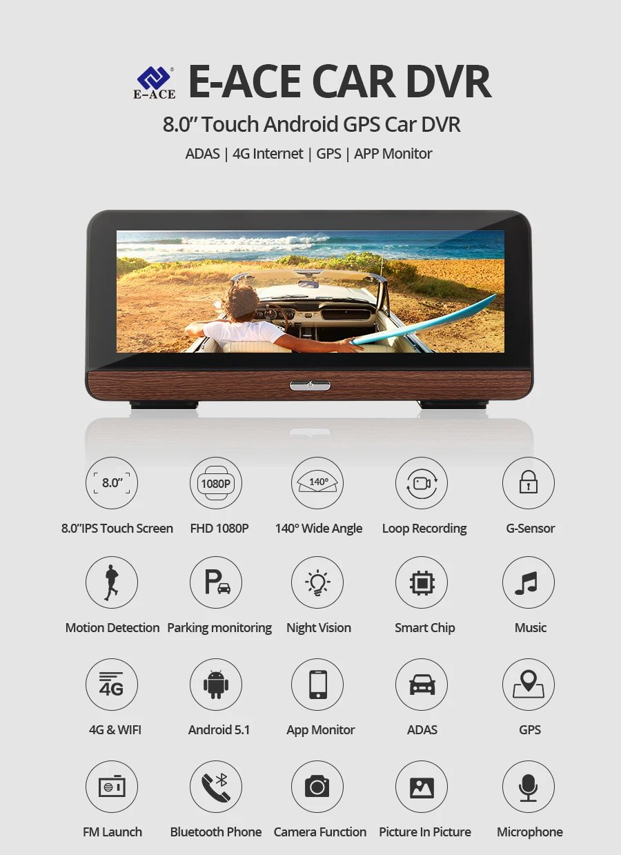 E-ACE E03 автомобильный gps-навигатор 4G Автомобильный видеорегистратор Камера заднего вида с двойным объективом 8 дюймов Android 5,1 ADAS видео рекордер навигаторы