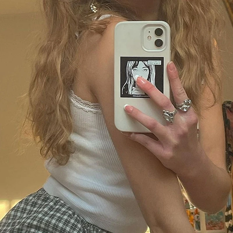 Cute Printed White Lace Trim Tank Top Vintage Women Clothes Fairy Ribbed Slim Fit Crop Top Y2K Aesthetic Streetwear