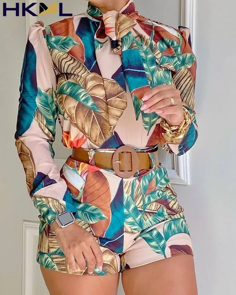

Tropical Print High Collar Scarf Long Sleeve Top & Shorts Set Two Piece Women Set