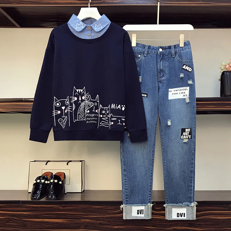 Повседневные джинсовые костюмы новинка весны и осени Лоскутная Блузка с принтом