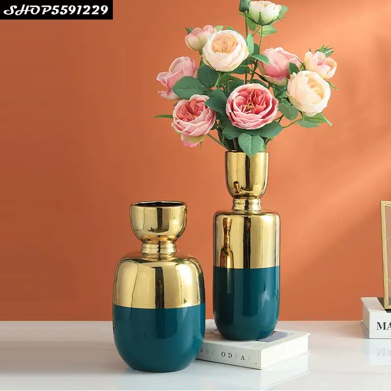 

European Luxury Ceramic Golden Vase Dried Flower Flower Arrangement Green Porcelain Decoration Vase Home Decoration Accessories