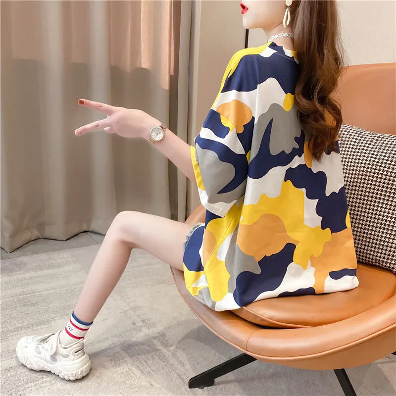 

2021 New Cotton T-shirt Ladies Spring and Summer Loose Half-sleeved Mid-length Camouflage Large Size Shirt Short-sleeved
