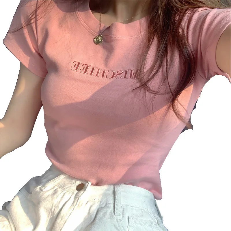 

Embroidery 2021 Summer Korean New Short-sleeved T-shirt Female Self-cultivation Student Clothes Blouse Womens Clothing Tshirts