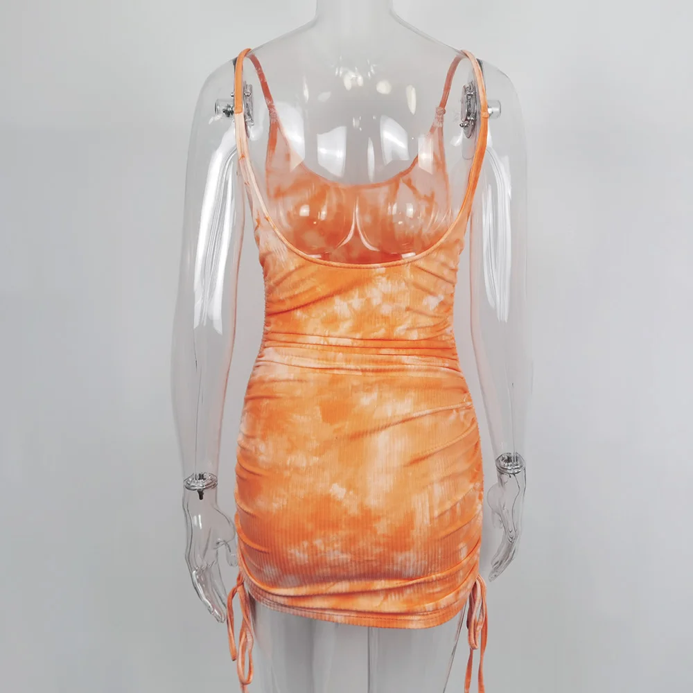 

Fyrneh Female Sexy Square Collar Backless Ribbed Mini Dress Casual Street Wear Outfit Fashion Ruched Drawstring Summer Clothes