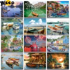 Полноразмернаякруглая Алмазная вышивка Лодка в озере, алмазная живопись, вышивка крестиком, мозаика, домашний декор, подарок