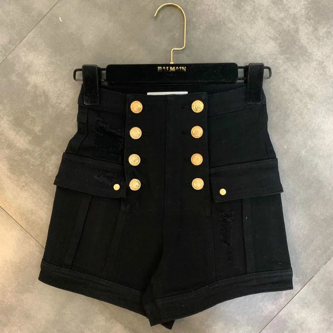 Джинсовые шорты с высокой талией на пуговицах золотистого цвета дырками синие