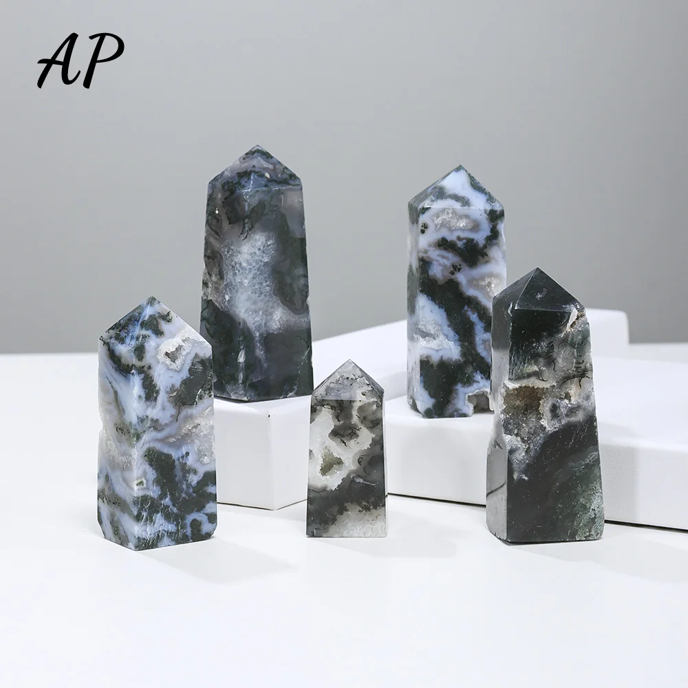 

Natural Crystal Tetrahedral Column Moss Agate Aquatic Agate Quartz Druzy Tower Healing Gemstones Home Desktop Decor