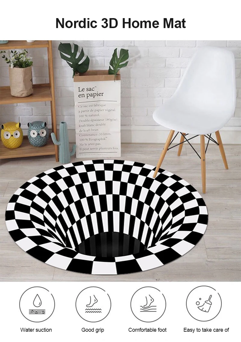 

Black And White Stereo Vision Circular Carpet Living Room Coffee Table Sofa Blanket 3D Carpet Swirl Illusion Carpet Home Tools