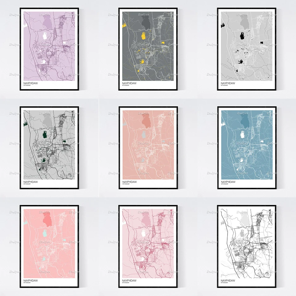 

Naypyidaw, Myanmar Map Nordic Retro Minimalism Painting Posters and Prints on Canvas Wall Art Modular Pictures Home Decor