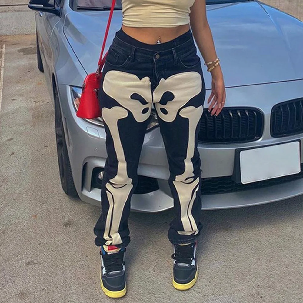 

Streetwear Women Cyber Y2k Pants Design Low-rise Contrast Embroidered Jeans Denim Pants Pockets Casual Femme Bottom Trousers