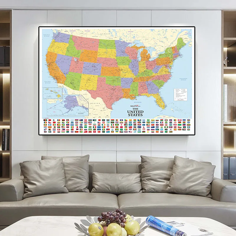 150x100cm Map of The United States with National Flags Non-woven Canvas Painting Vintage Poster Card Home Decor School Supplies |