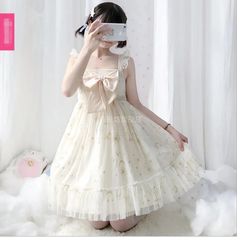 

Princess Sweet Lolita Dress JSK Spaghetti Strap Dress Japanese LO Kawaii Tea Party Bowknot Dress Cos Loli